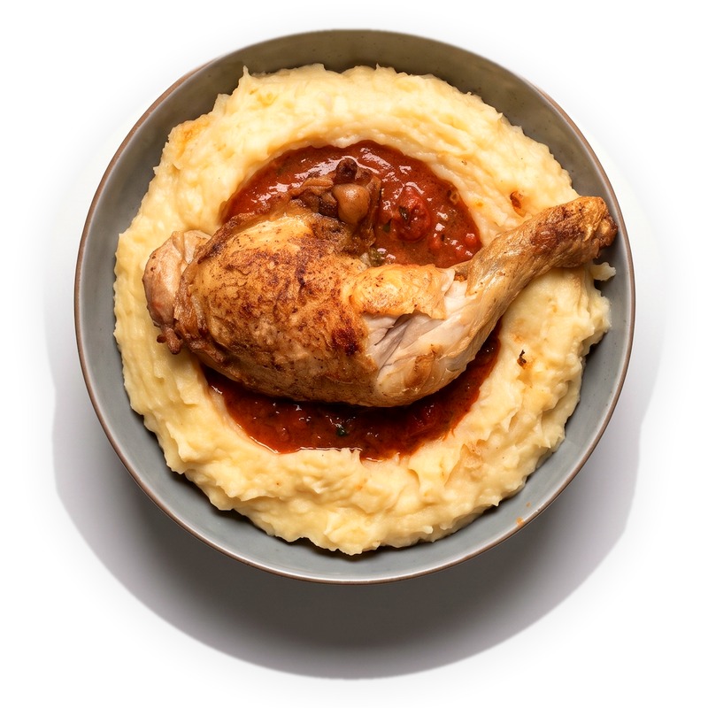 Katmis Chakhokhbili — roasted corn-fed chicken leg with tomato sauce and mashed potatoes