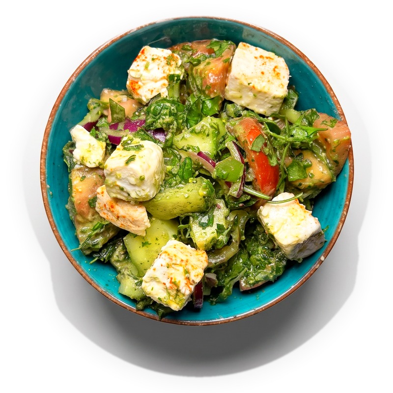 Sapirmo Qartuli Salati — tomato and cucumber salad with shepherd&rsquo;s cheese and green adjika