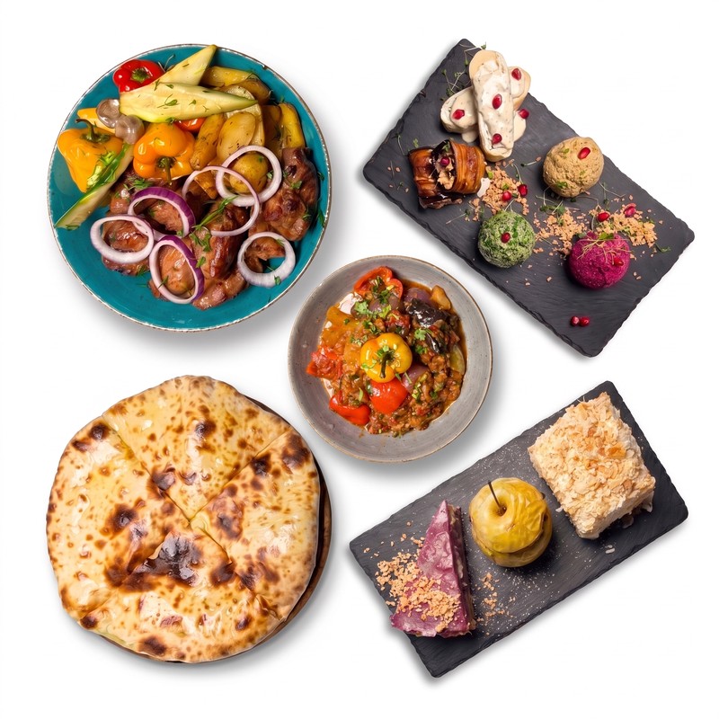 Supra — Georgian feast spread with skewers, starter platter, khachapuri and dessert assortment